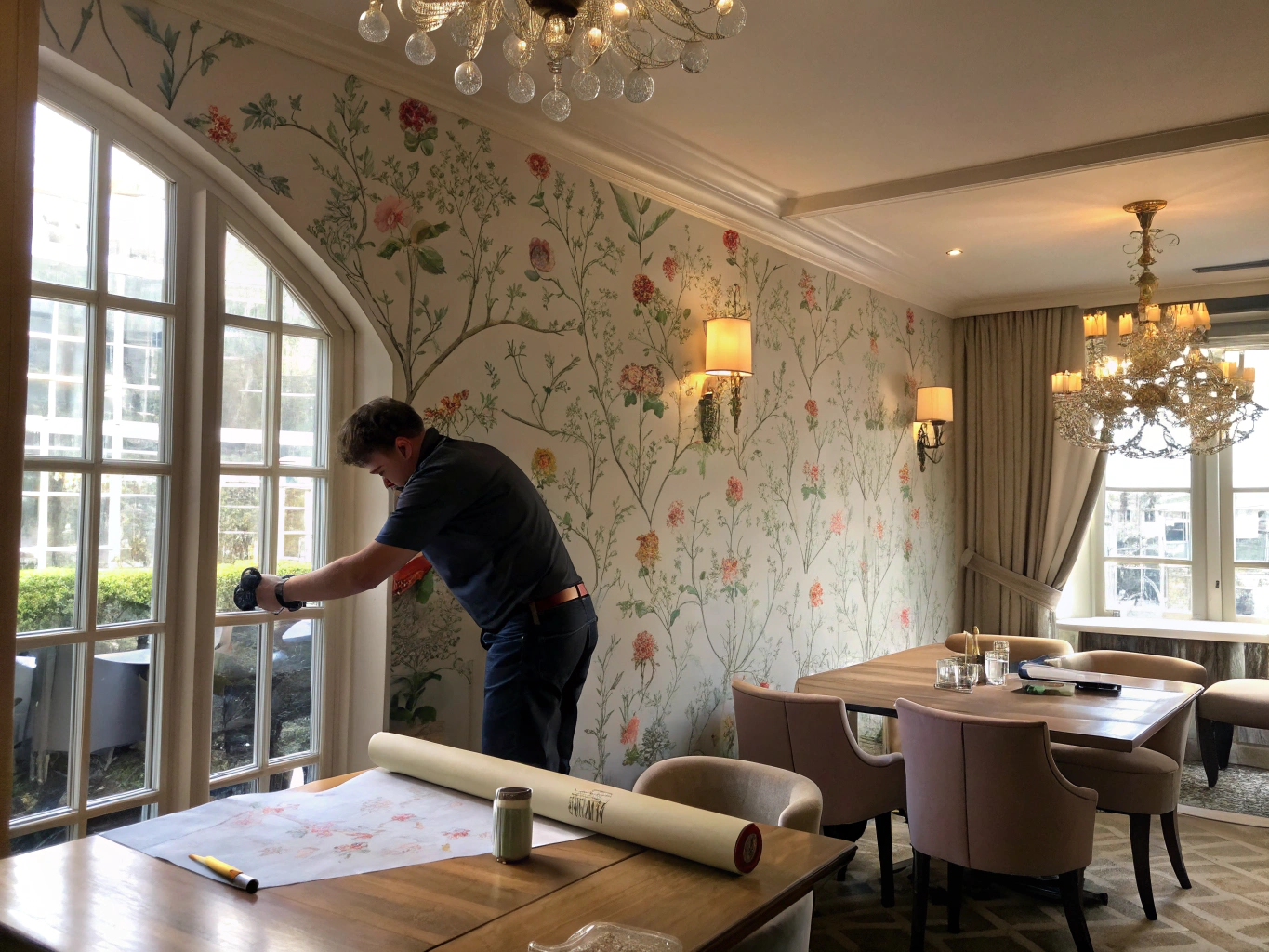 Professional wallpaper installation in a modern home