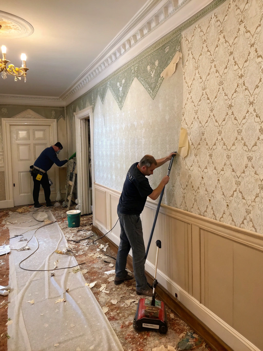 Clean wallpaper removal process on residential wall