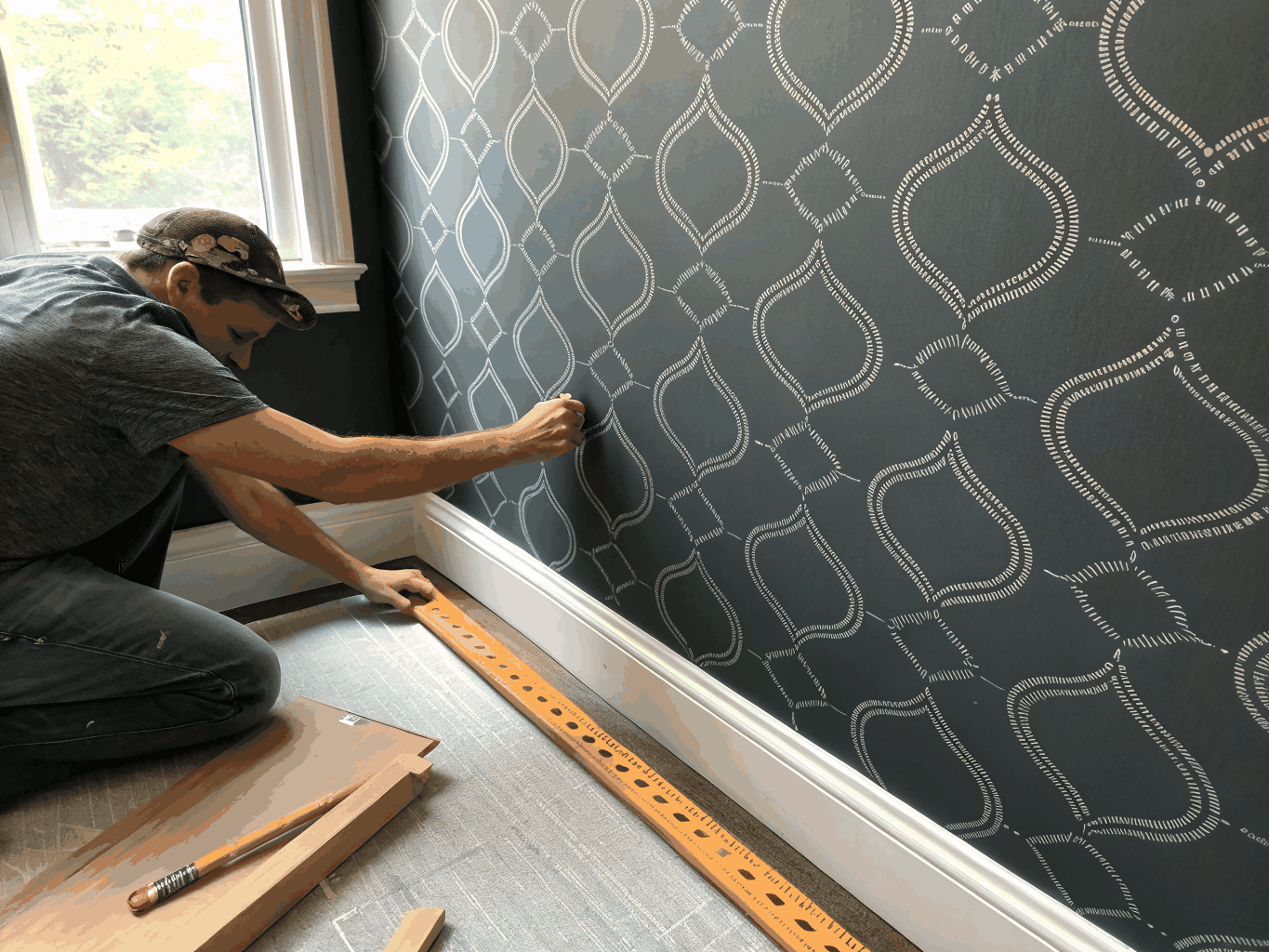 Wallpaper installation showing precise pattern alignment